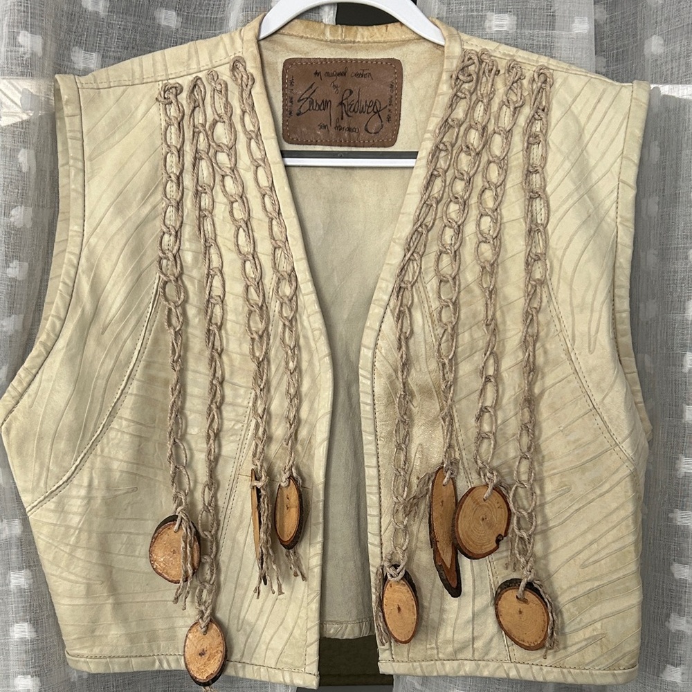 Vintage Leather Beige Vest with Macrame and Wood Accents